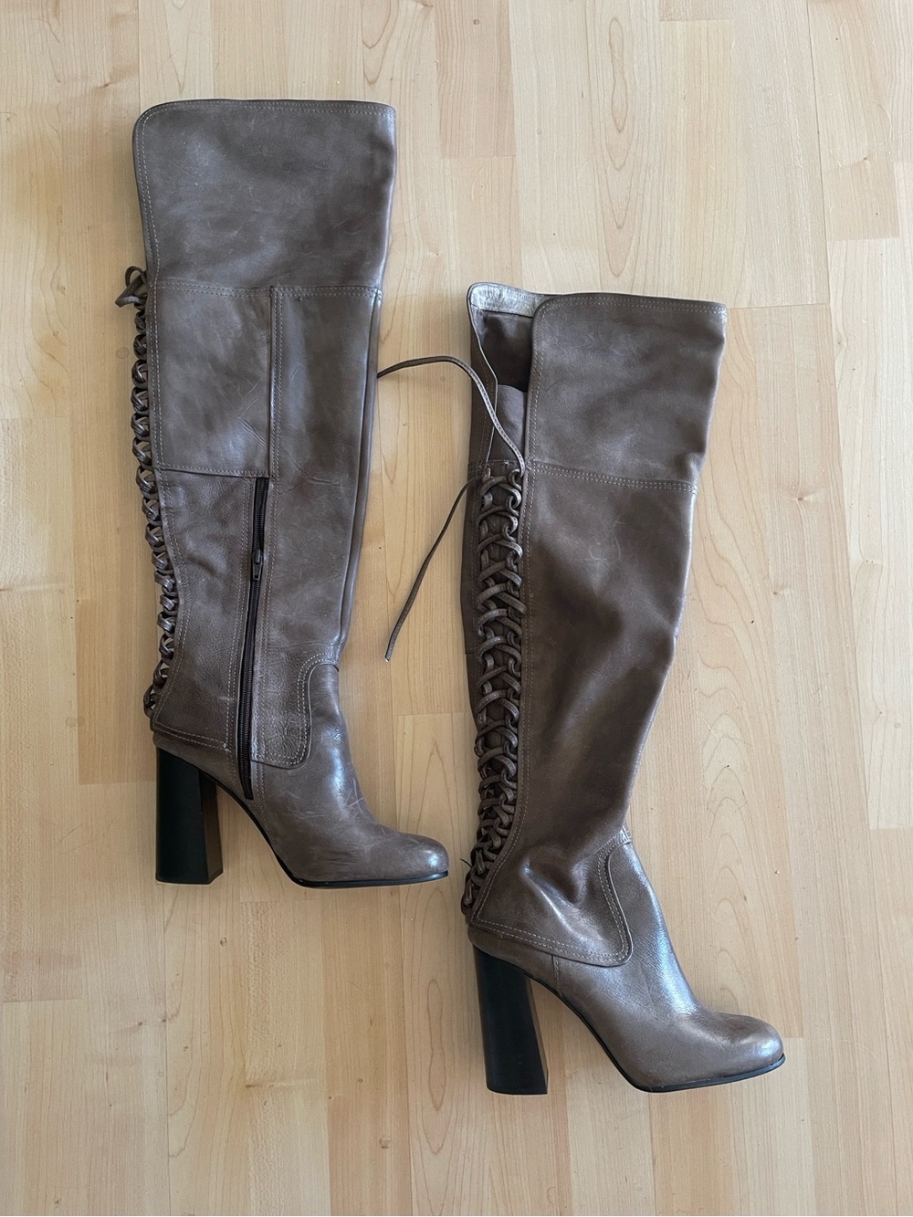 Vince Camuto Women's Knee-High Lace-Up Leather Boots Gray